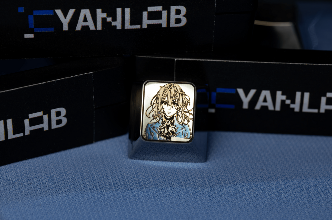 Violet Evergarden series, Violet Evergarden 1U black and white carved titanium alloy personalized keycaps, anime, gaming, cultural and creative decorative art keycaps