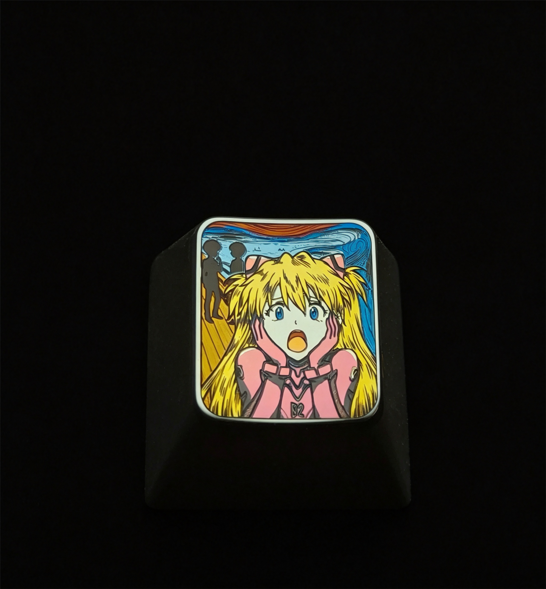EVA, Asuka/Ayanami Rei，The Scream, 1U titanium alloy metal personalized keycaps, anime oil painting cultural creative keycaps, mechanical keyboard artistic decorative keycaps
