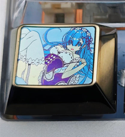 Re:Life in a different world from zero，Rem，1.25U Titanium alloy personalized keycaps, anime creative culture metal material keycaps, mechanical keyboard decorative keycaps