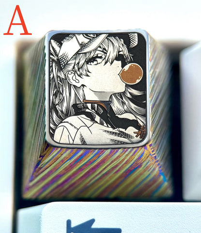 EVA，Asuka， Blowing bubble gum shape, 1U titanium alloy personalized keycap, anime and game culture creative peripheral decorative keycap.