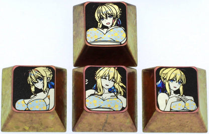 Altria Pendragon， saber , 1U color titanium alloy keycap set for directional keys, personalized keycaps for anime and game characters, metal art keycaps