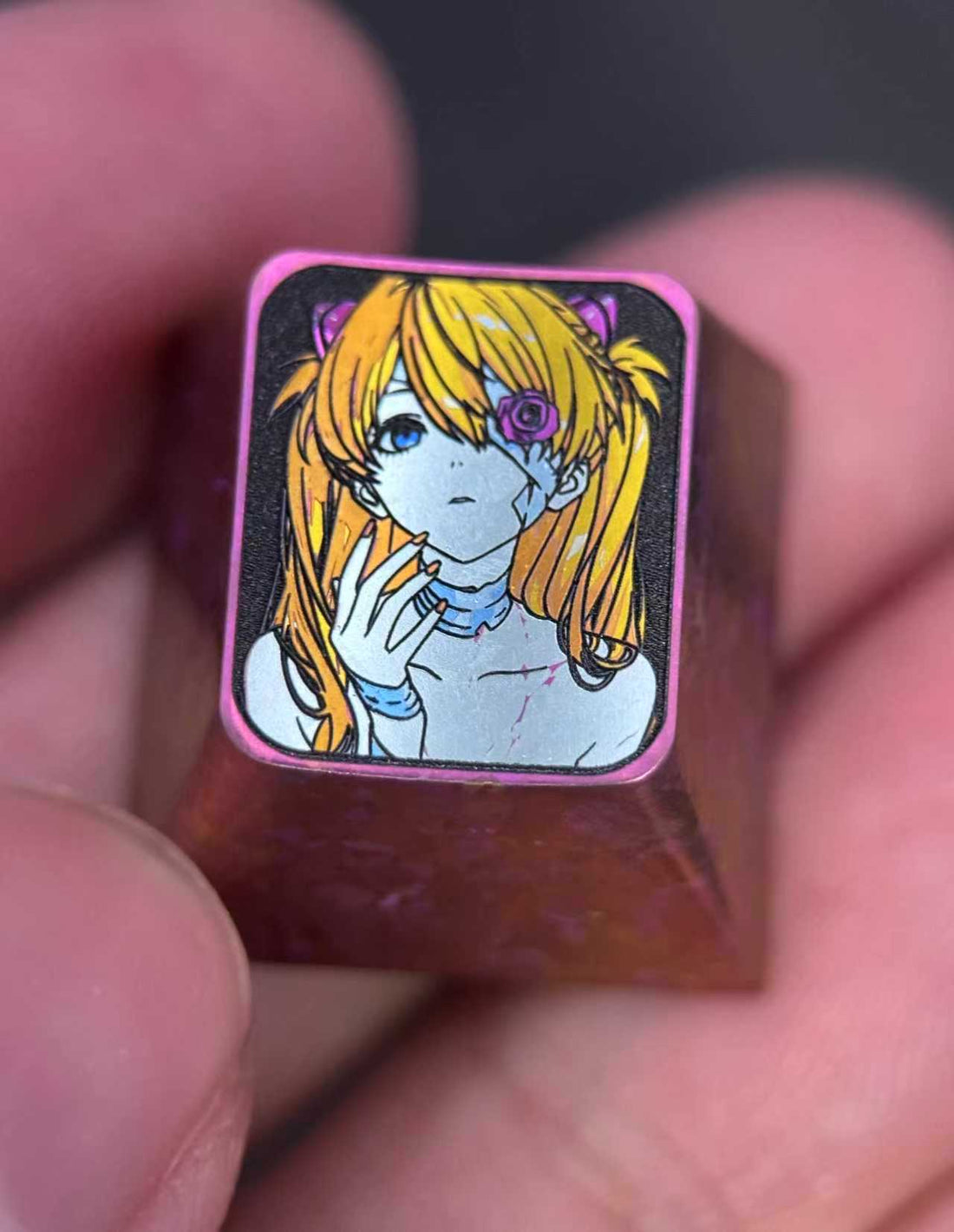 EVA， One eyed rose Asuka, 1U titanium alloy personalized keycap, metal carved colorful titanium alloy artistic keycap for anime and game characters.
