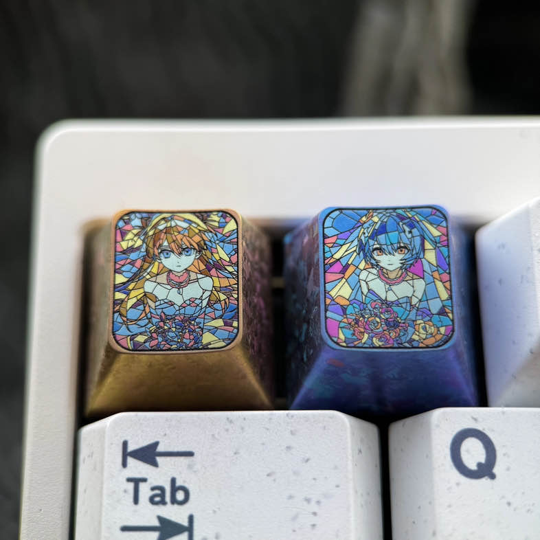EVA， Glass floral effect, Asuka, Ayanami Rei, 1U titanium alloy personalized keycaps, anime art keycaps