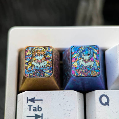 EVA， Glass floral effect, Asuka, Ayanami Rei, 1U titanium alloy personalized keycaps, anime art keycaps