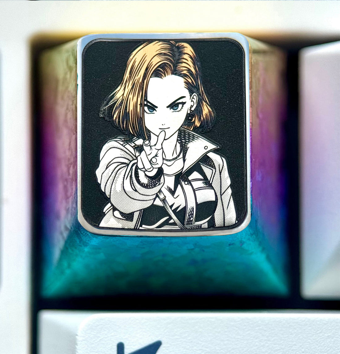 Dragon Ball, Android 18， Titanium alloy 1U personalized keycaps, anime, gaming, cultural and creative metal carved keycaps