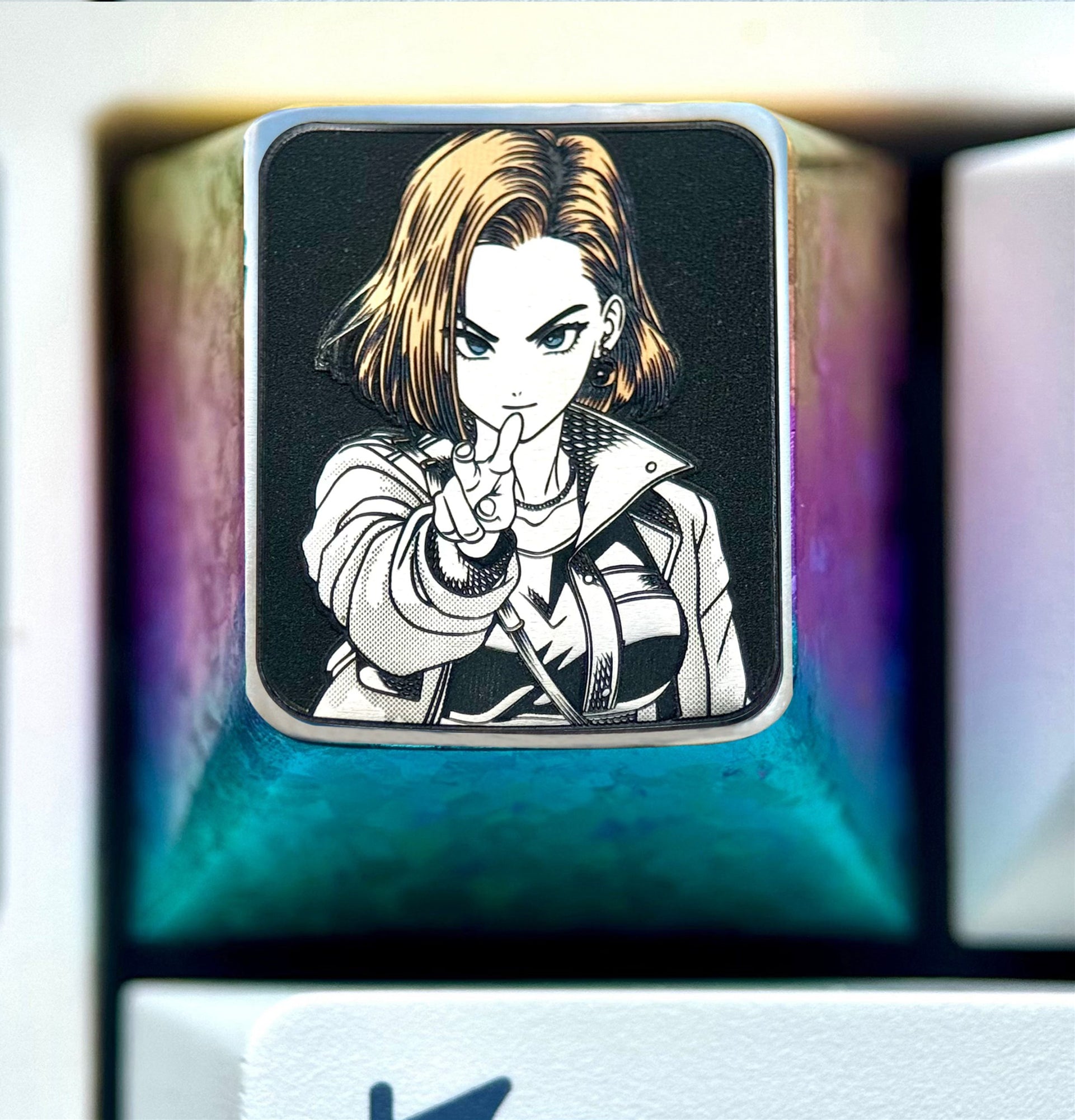 Dragon Ball, Android 18， Titanium alloy 1U personalized keycaps, anime, gaming, cultural and creative metal carved keycaps