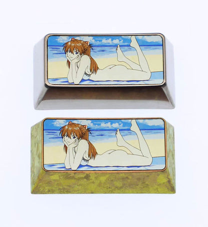 EVA， Beach swimsuit Asuka, 2U titanium alloy personalized keycap, anime game cultural and creative mechanical keyboard decoration keycap