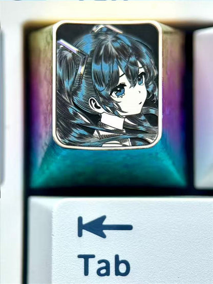 Hatsune Miku, crying expression 1U titanium alloy ultra precision stippling, animation game music characters surrounding metal engraving personalized keycaps
