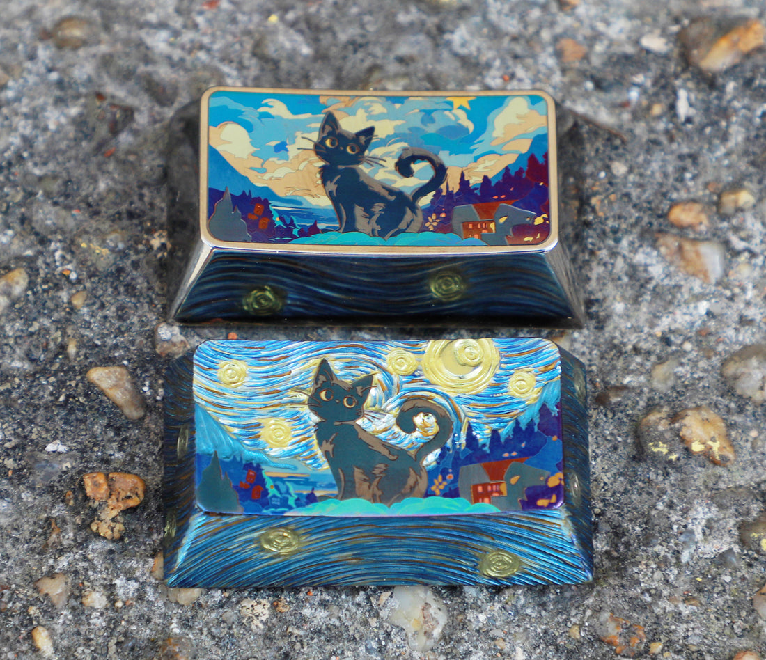 The Starry Night, Kitten style, 1.75U titanium alloy hand carved, regular personalized keycap