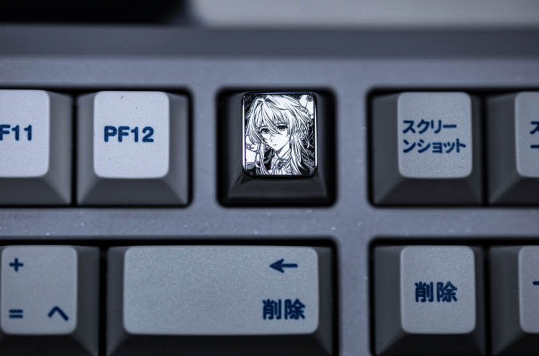 Violet Evergarden series, Violet Evergarden 1U black and white carved titanium alloy personalized keycaps, anime, gaming, cultural and creative decorative art keycaps