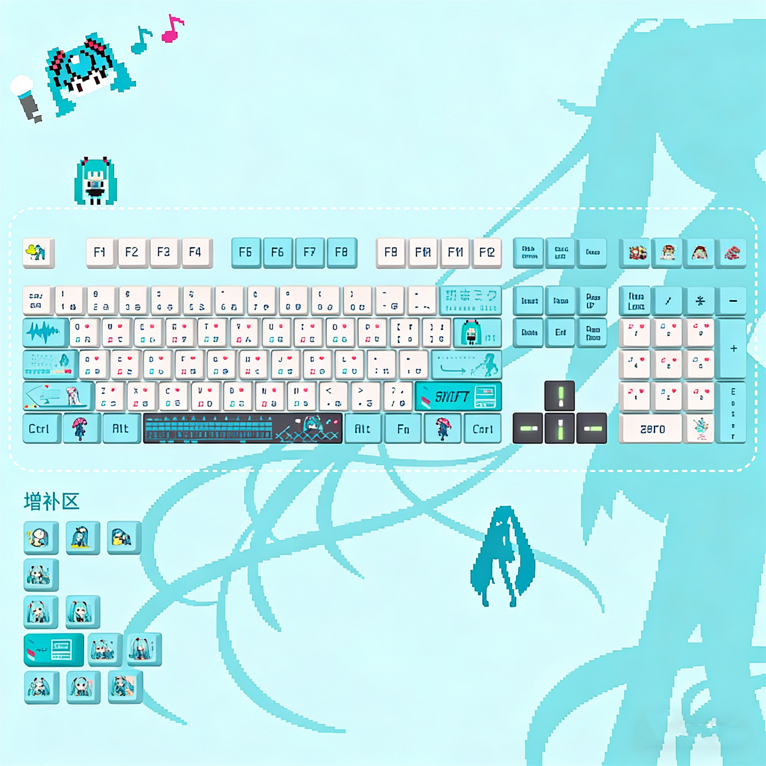 Hatsune Miku Theme PBT Material Hot Sublimation Process Personalized Keycap Set, Animation Music Theme Decoration Keycap Set