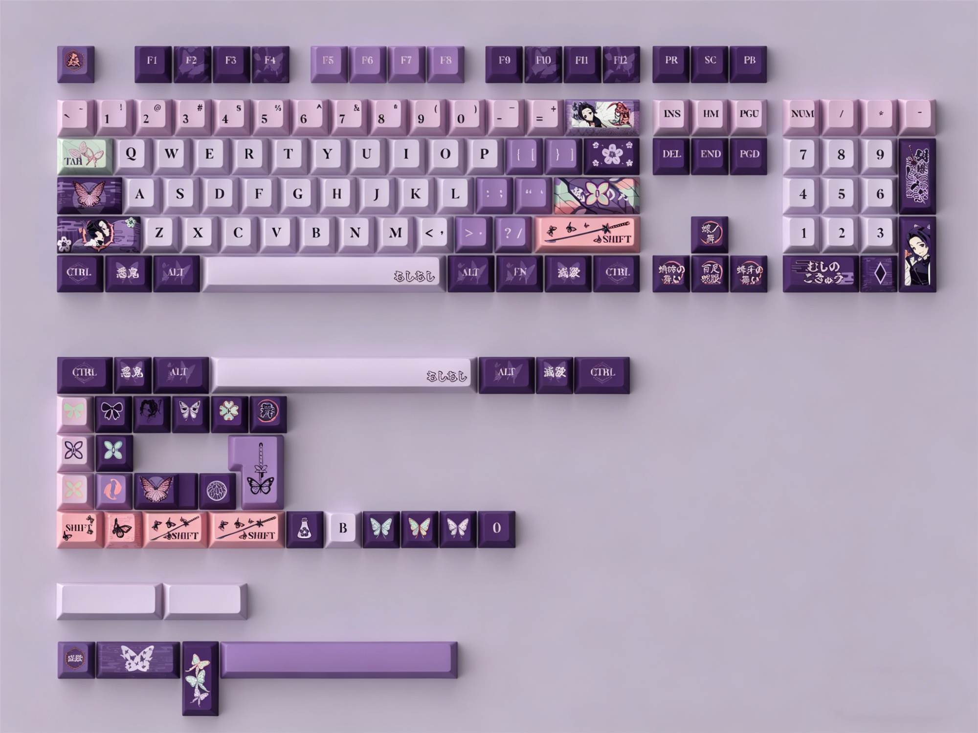 Demon Slayer: Kimetsu no Yaiba series, Kochou Shinobu theme, original high PBT material keycaps, full five sided thermal sublimation process mechanical keyboard custom set keycaps