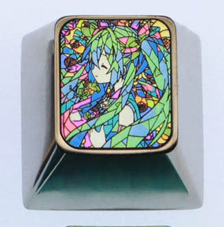 Hatsune Miku, glass floral style 1U titanium alloy personalized key cap, animation and game culture creative metal carving decorative key cap