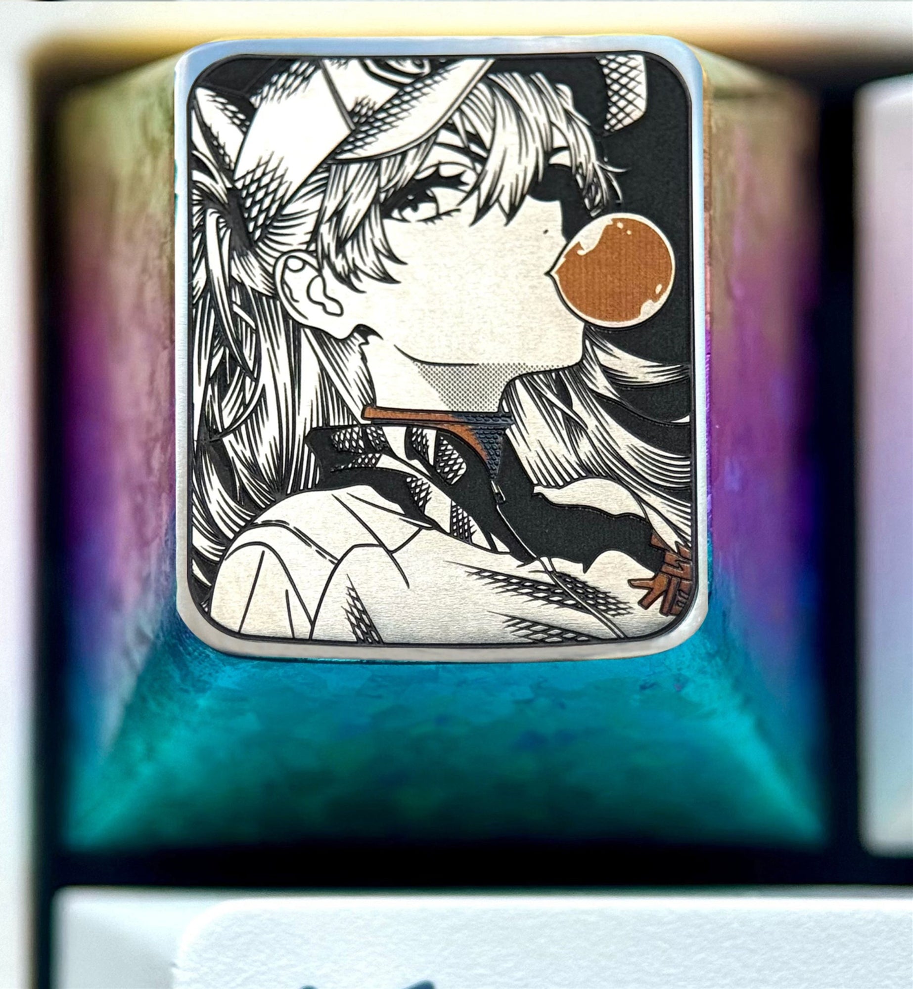 EVA，Asuka， Blowing bubble gum shape, 1U titanium alloy personalized keycap, anime and game culture creative peripheral decorative keycap.