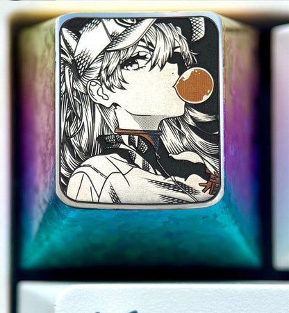 EVA，Asuka， Blowing bubble gum shape, 1U titanium alloy personalized keycap, anime and game culture creative peripheral decorative keycap.