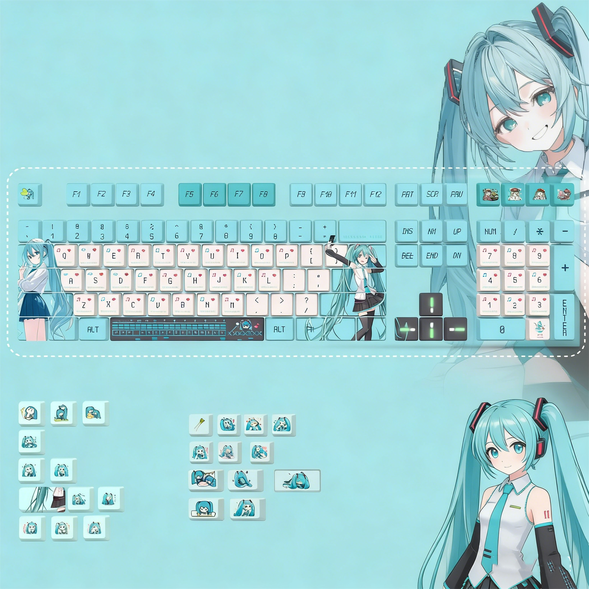 Hatsune Miku Theme PBT Material Hot Sublimation Process Personalized Keycap Set, Animation Music Theme Decoration Keycap Set