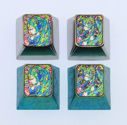 Hatsune Miku, glass floral style 1U titanium alloy personalized key cap, animation and game culture creative metal carving decorative key cap