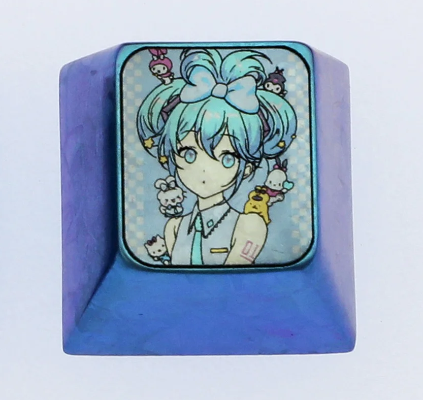 Hatsune Miku, 1U titanium alloy personalized keycaps, metal cartoon character keycaps, keyboard decorative keycaps.