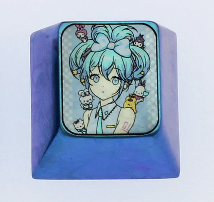 Hatsune Miku, 1U titanium alloy personalized keycaps, metal cartoon character keycaps, keyboard decorative keycaps.