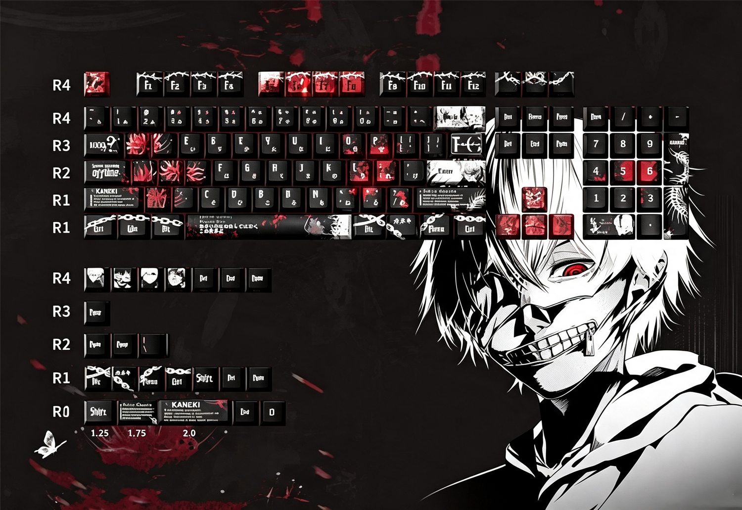 Tokyo Ghoul， PBT material personalized keycap set, anime and games cultural creative decoration keycap set, compatible with 61/64/68/75/84/87/104 mechanical keyboard