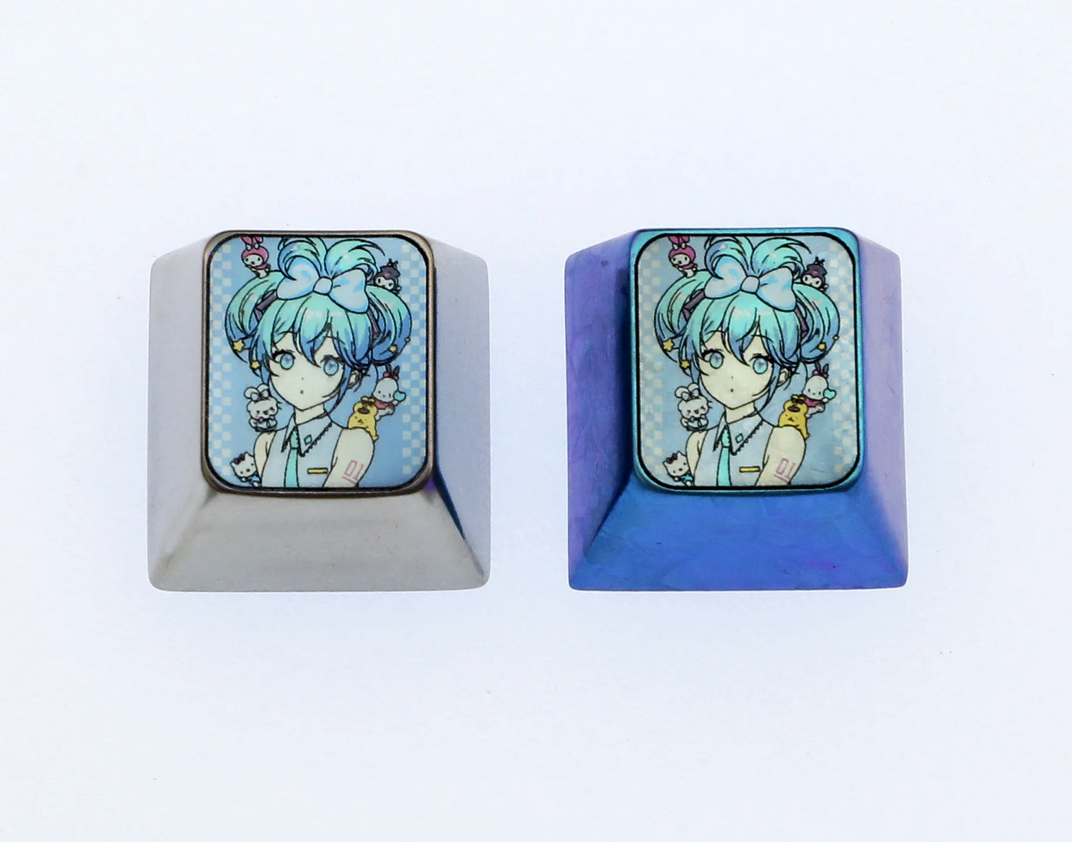Hatsune Miku, 1U titanium alloy personalized keycaps, metal cartoon character keycaps, keyboard decorative keycaps.