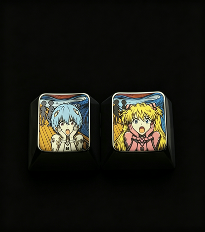 EVA, Asuka/Ayanami Rei，The Scream, 1U titanium alloy metal personalized keycaps, anime oil painting cultural creative keycaps, mechanical keyboard artistic decorative keycaps