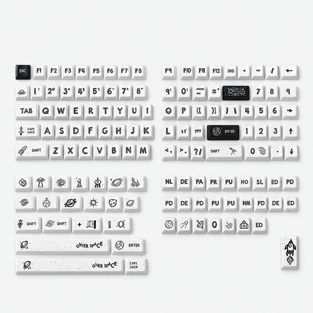 White astronaut theme, space UFO creative design big characters PBT material personalized keycap set, creative decorative keycap set, compatible with 61/64/68/75/84/87/104 mechanical keyboard replacement keycap