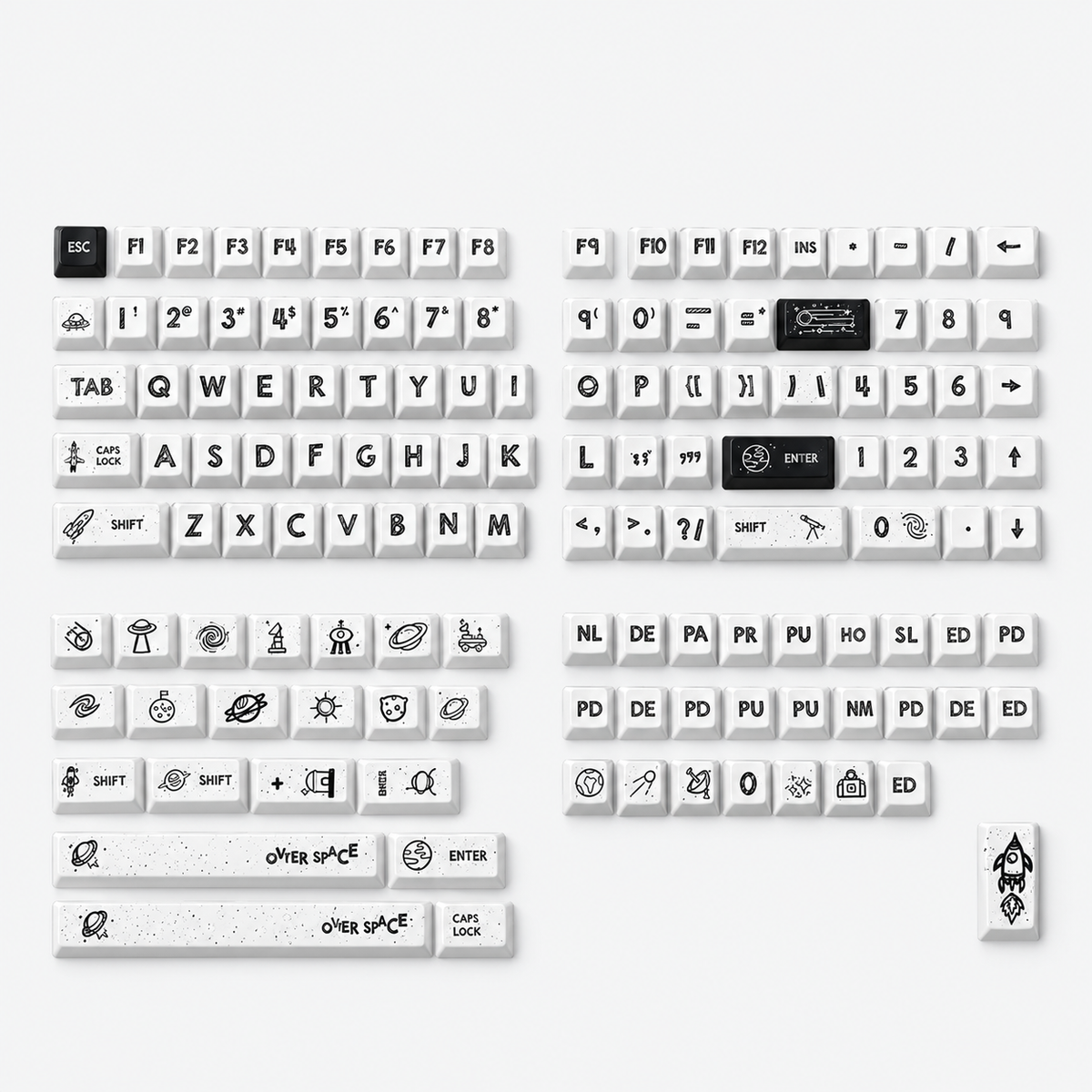 White astronaut theme, space UFO creative design big characters PBT material personalized keycap set, creative decorative keycap set, compatible with 61/64/68/75/84/87/104 mechanical keyboard replacement keycap