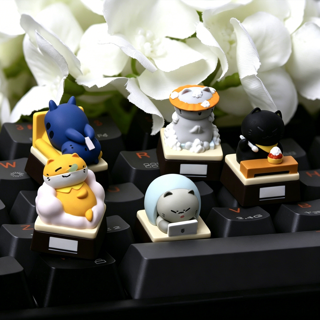 Cat worker, multi-color resin personalized keycaps, cartoon shaped office posture mechanical keyboard, handmade resin decorative keycaps