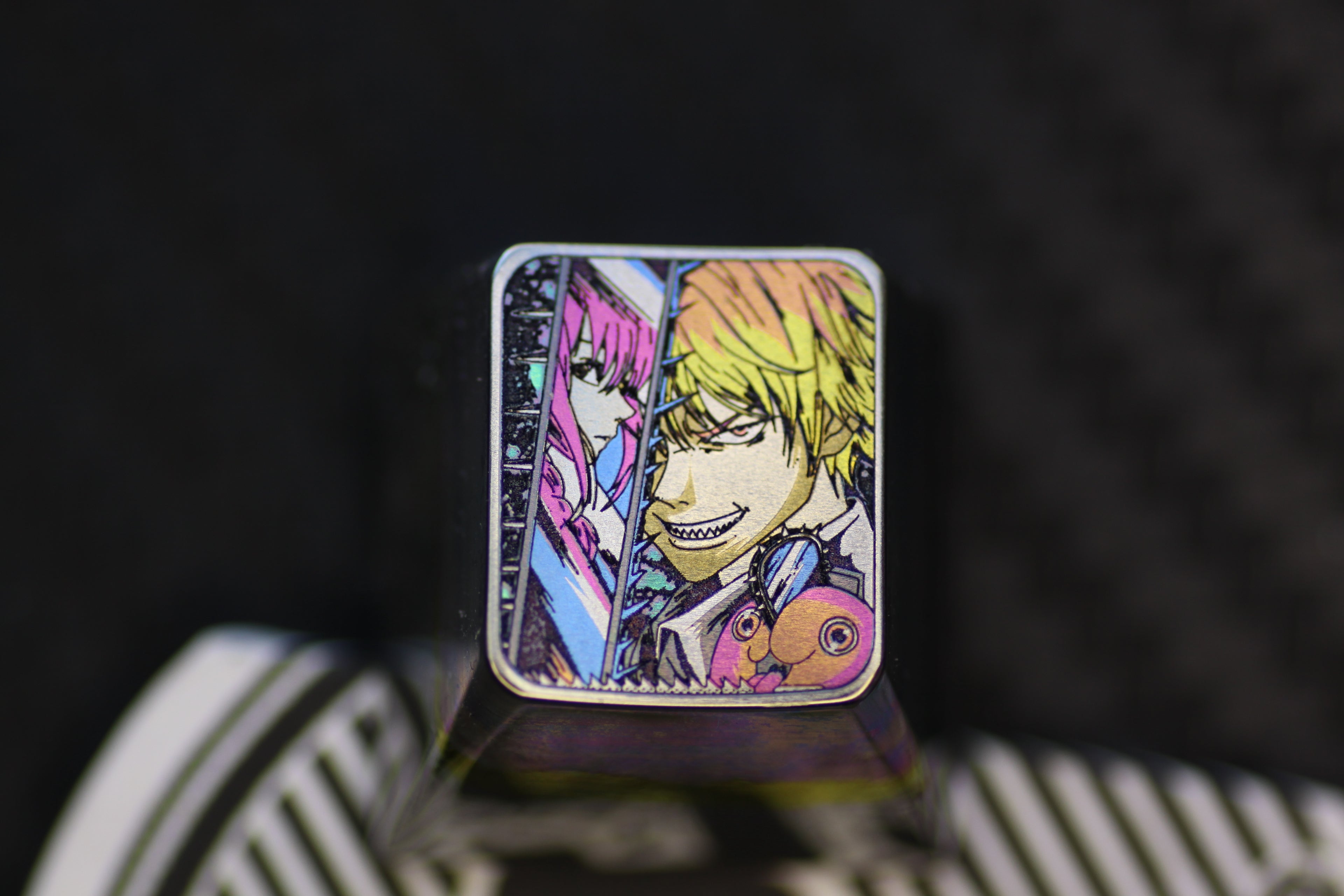 Chainsaw Man， Protagonist group 1U titanium alloy carved personalized keycaps, metal decorative keycaps, anime art keycaps
