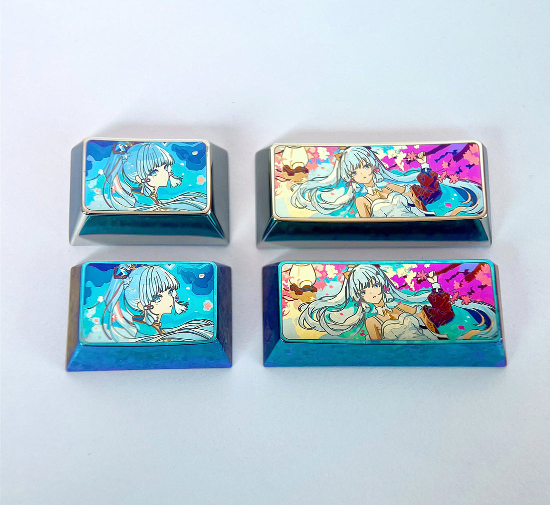 Kamisato Ayaka, 1.5U (tab)/2.25U (enter) titanium alloy personalized keycaps, keyboard metal decorative keycaps.