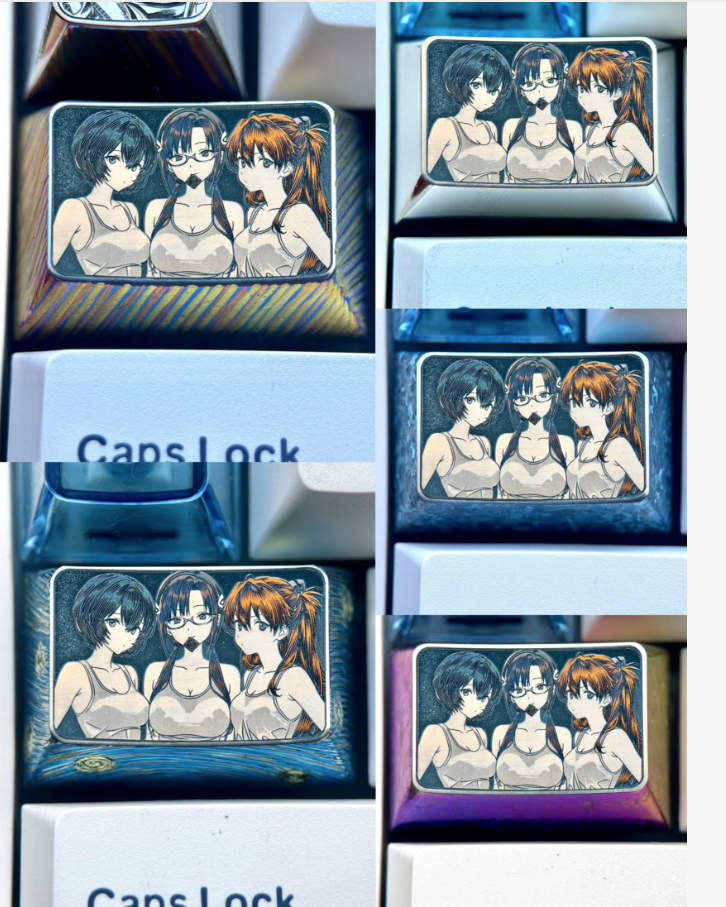 EVA，Asuka，Ayanami Rei，Mari Makinami Illustrious，1.5U Titanium alloy personalized keycaps, classic cartoon character keyboard decoration keycaps for anime and games, artistic keycaps.