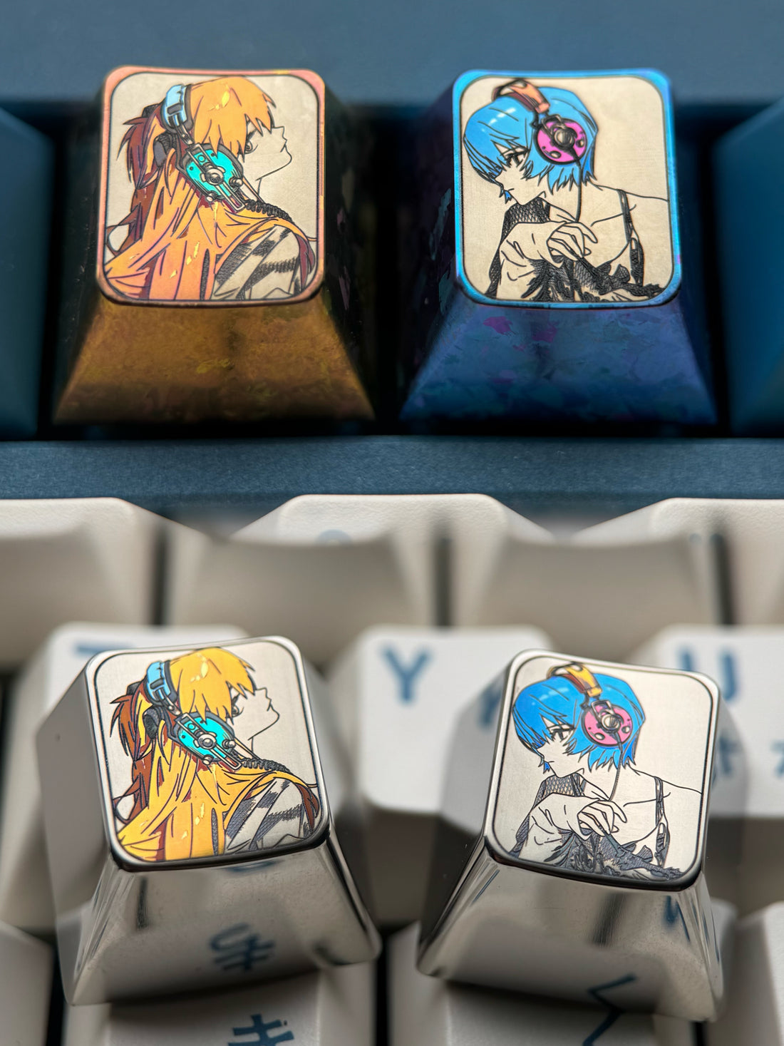 EVA， Asuka wearing headphones, Ayanami Rei, 1U titanium alloy personalized keycaps, metal decorative art keycaps, anime keycaps