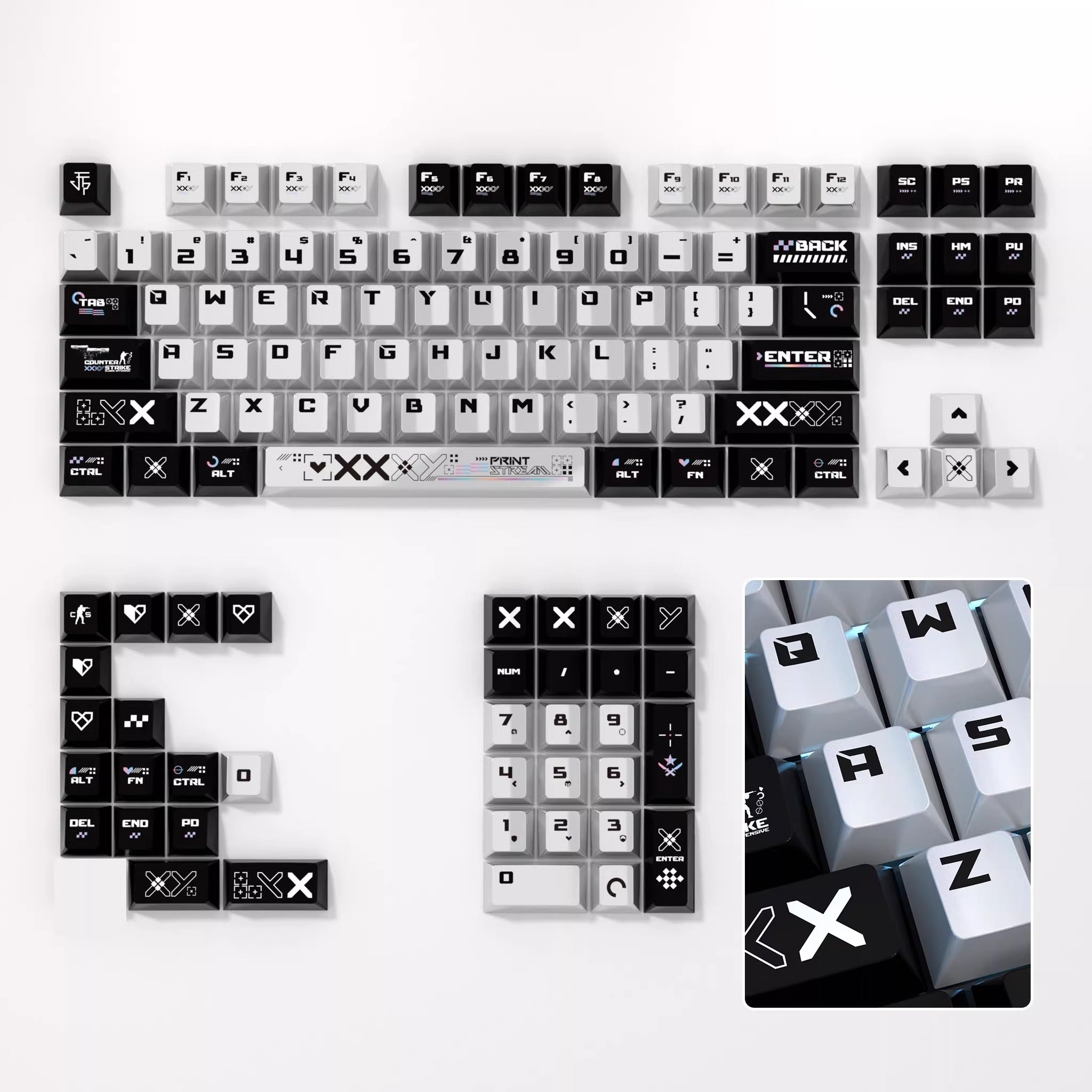 CSGO themed printed keycaps with pearl metallic paint texture, PBT material, sublimation technology, animation cartoon decoration keycap set