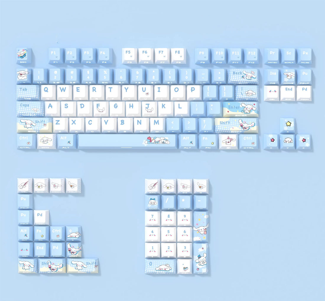 Cinnamoroll theme, cute style light blue color PBT material personalized keycap set, anime cartoon theme decorative keycap, compatible with mechanical keyboard