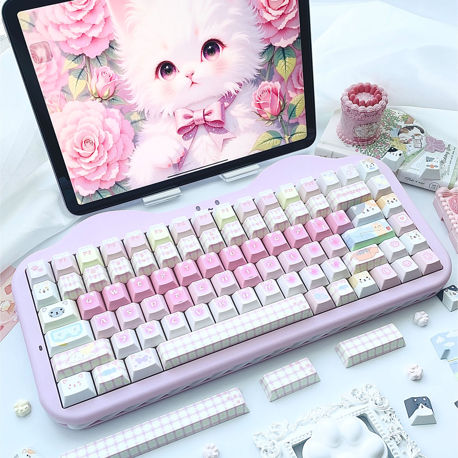 Cute Cat Theme Keycap Mechanical Keyboard Cap PBT Five sided Heat Sublimation Pink Series Personalized Keycap Set