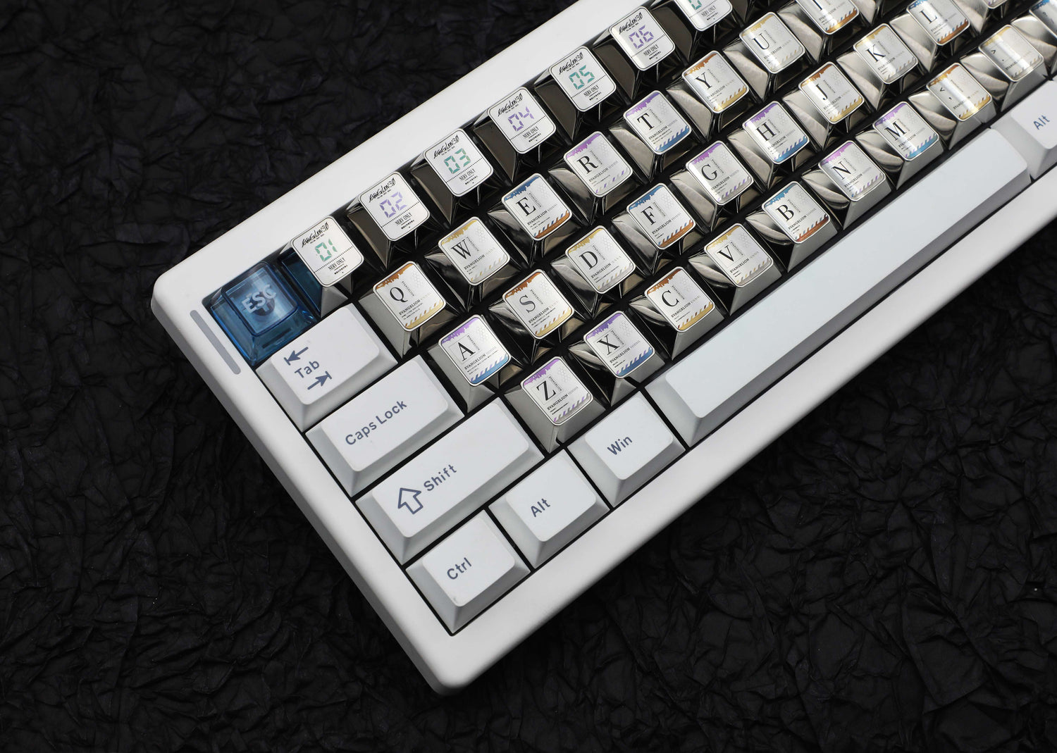 EVA theme, number area+letter area+character area, personalized design titanium alloy keycap set, anime and game culture creative peripheral decorative keycaps.