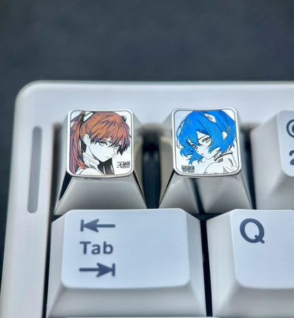 EVA， Asuka, Ayanami Rei black and white pointillism craft titanium alloy 1U personalized keycaps, metal carved keycaps around anime and game characters