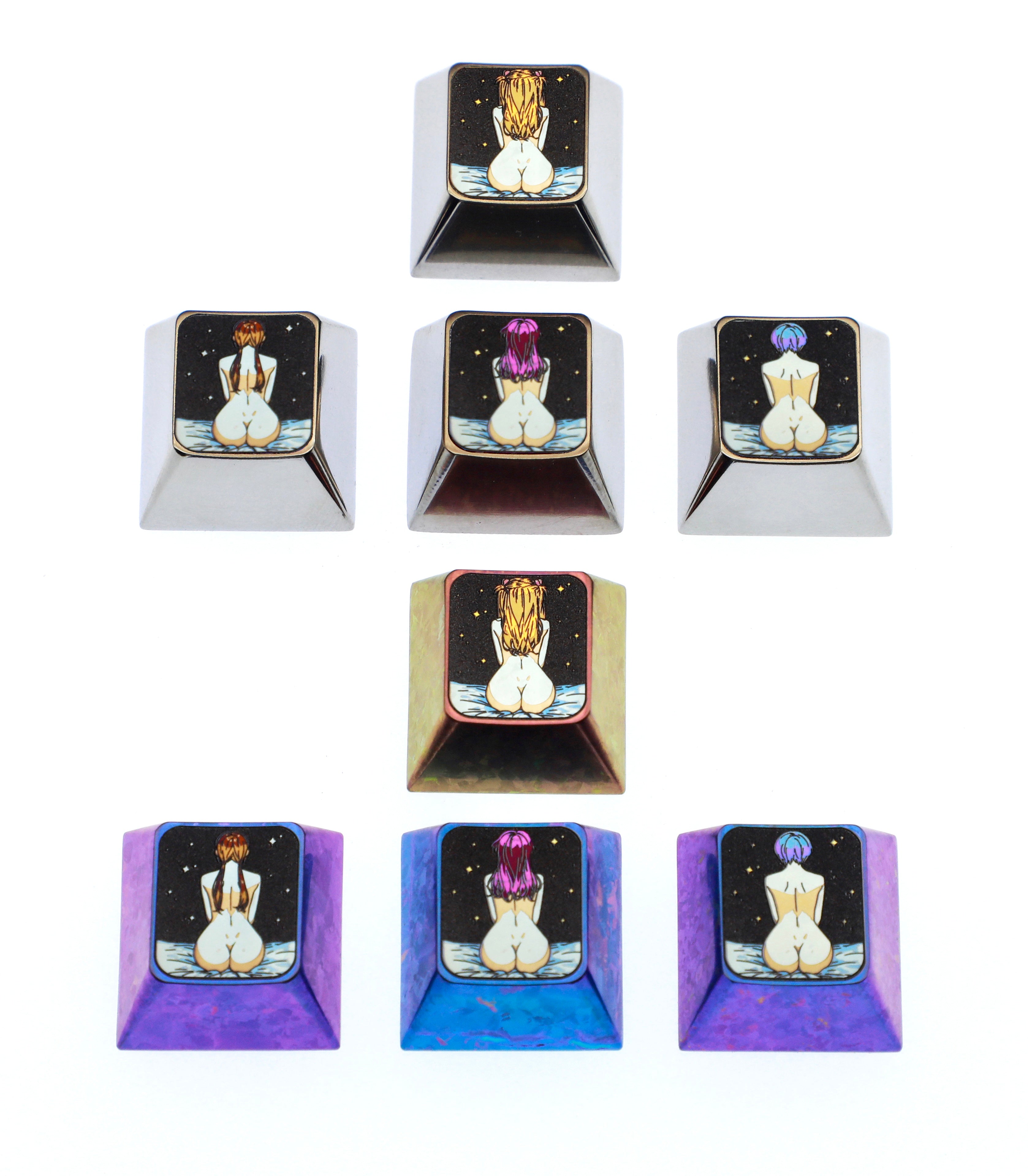 EVA， Sexy Back Series Directional Key Set Combination, Titanium Alloy Personalized Keycaps, Anime Game Culture Creative Metal Carving Decorative Keycaps.