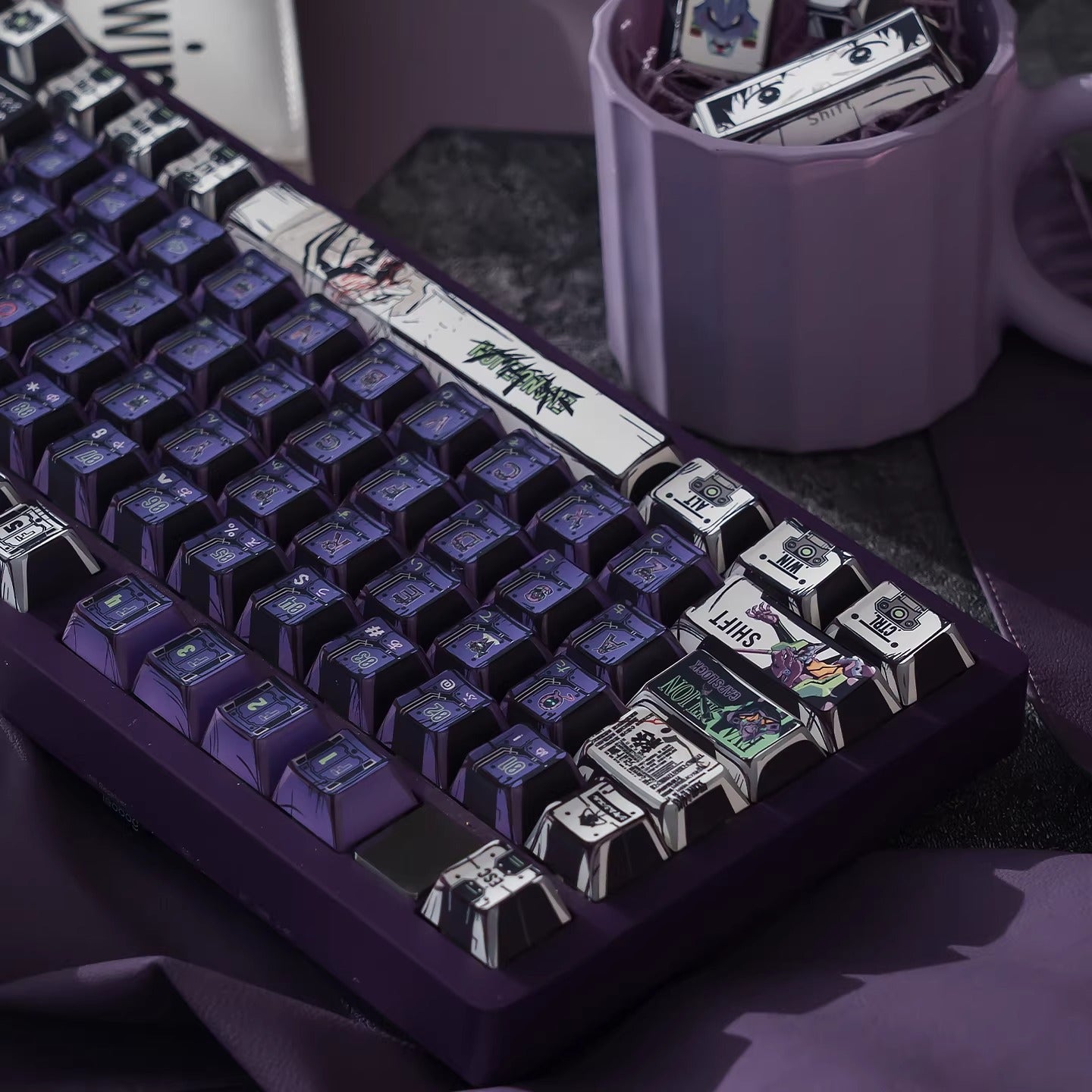 EVA series, EVANGELION-01 theme, comic style PBT keycap with folded edges and transparent five sided heat sublimation mechanical keyboard decoration keycap, compatible with 61/64/68/75/84/87/104 key mechanical keyboard keycap set