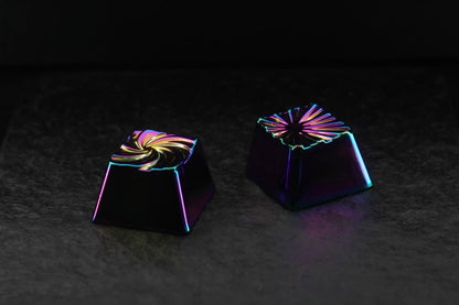 Explosion vortex geometric graphic art keycaps with iridescent gold plating, gold-plated silver mechanical keyboard, zinc aluminum alloy metal personalized keycaps