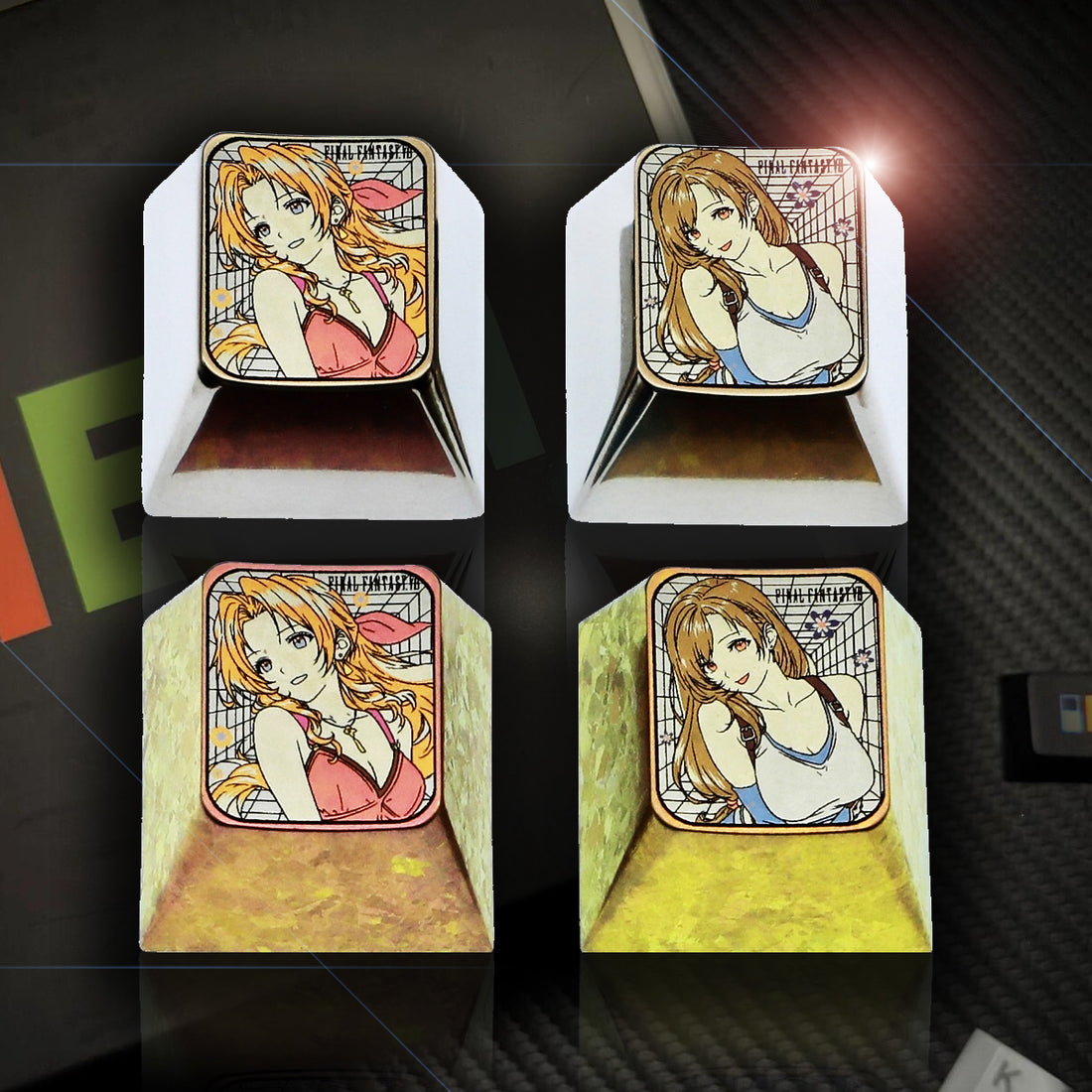Final Fantasy VII, Tifa Lockhart, Aerith Gainsborough, 1U titanium alloy personalized keycaps, metal carved keycaps around anime and game characters