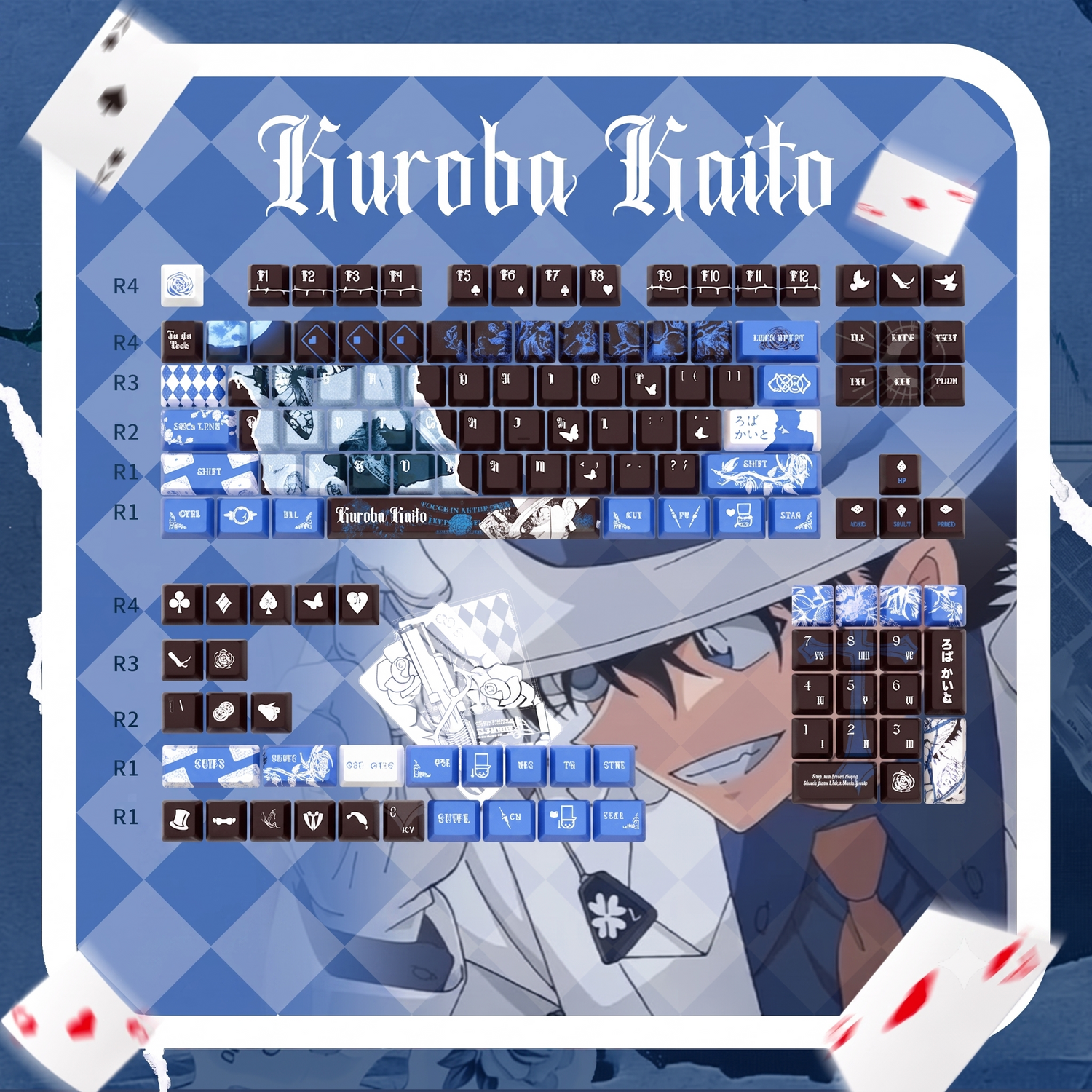 Detective Conan, Kuroba Kaito，PBT+PC material personalized keycap set, anime keycap culture peripheral mechanical keyboard decoration keycaps， Compatible with 61/64/68/75/84/87/104 key mechanical keyboard keycap set