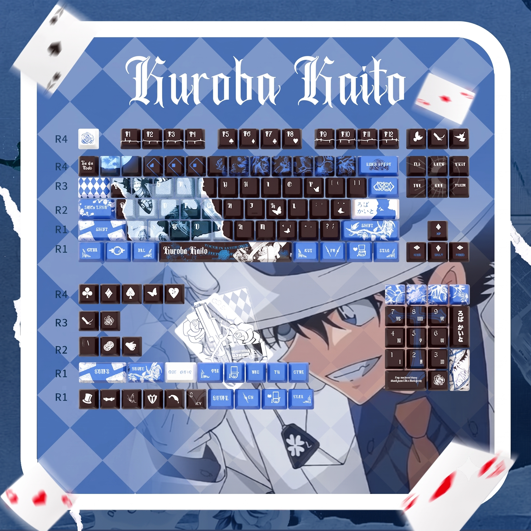 Detective Conan, Kuroba Kaito，PBT+PC material personalized keycap set, anime keycap culture peripheral mechanical keyboard decoration keycaps， Compatible with 61/64/68/75/84/87/104 key mechanical keyboard keycap set