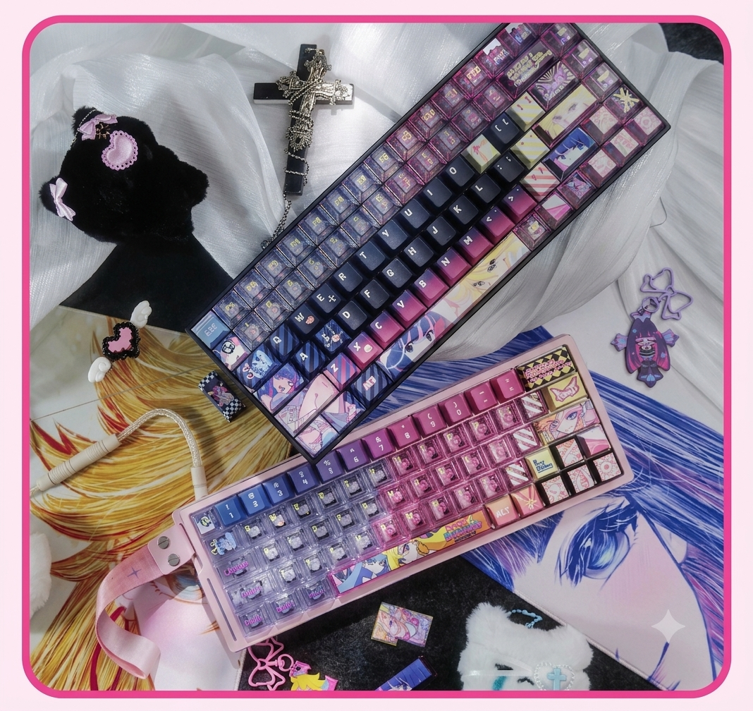 Panty &amp; Stocking with Garterbelt，theme, PBT material personalized keycap set, anime keycap culture peripheral mechanical keyboard decoration keycaps， Compatible with 61/64/68/75/84/87/104 key mechanical keyboard keycap set