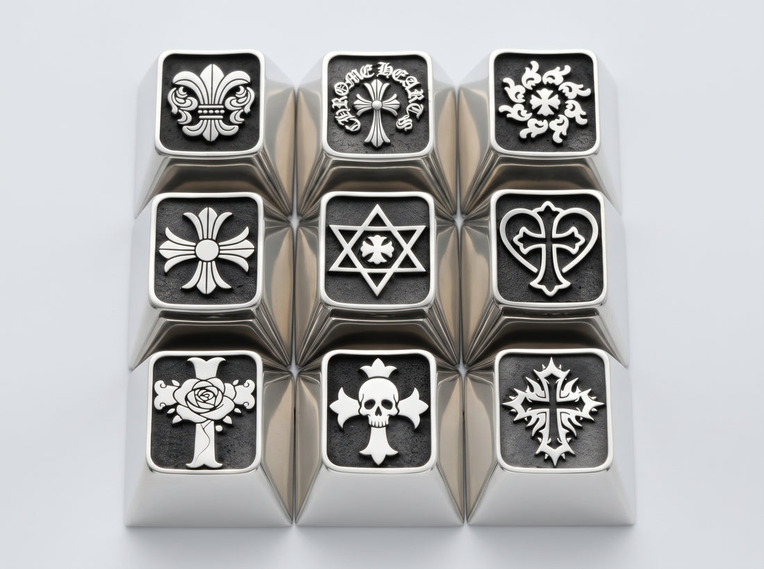 Retro cross, Gothic style logo, set of 9 R4 height, artistic trend creative keycaps, zinc alloy metal decorative keycaps, mechanical keyboard with personalized keycaps