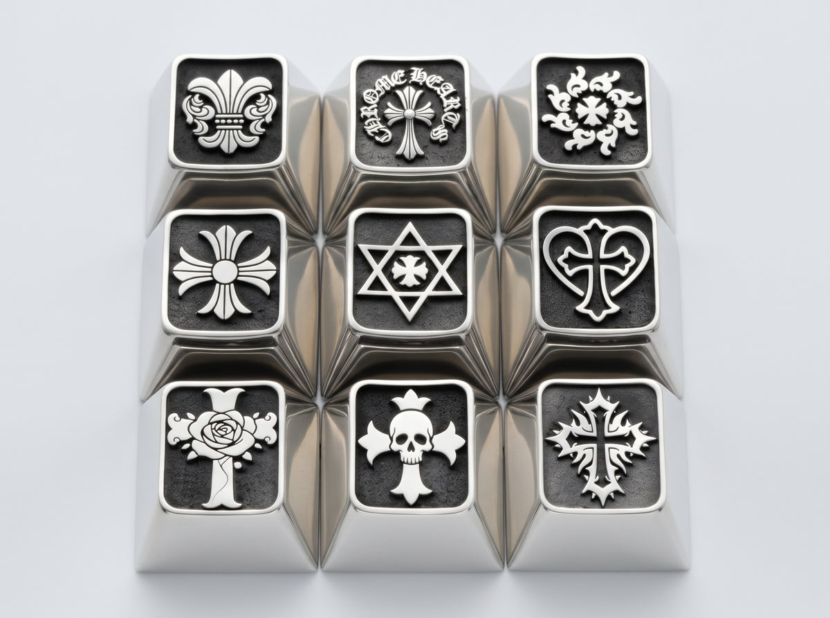 Retro cross, Gothic style logo, set of 9 R4 height, artistic trend creative keycaps, zinc alloy metal decorative keycaps, mechanical keyboard with personalized keycaps