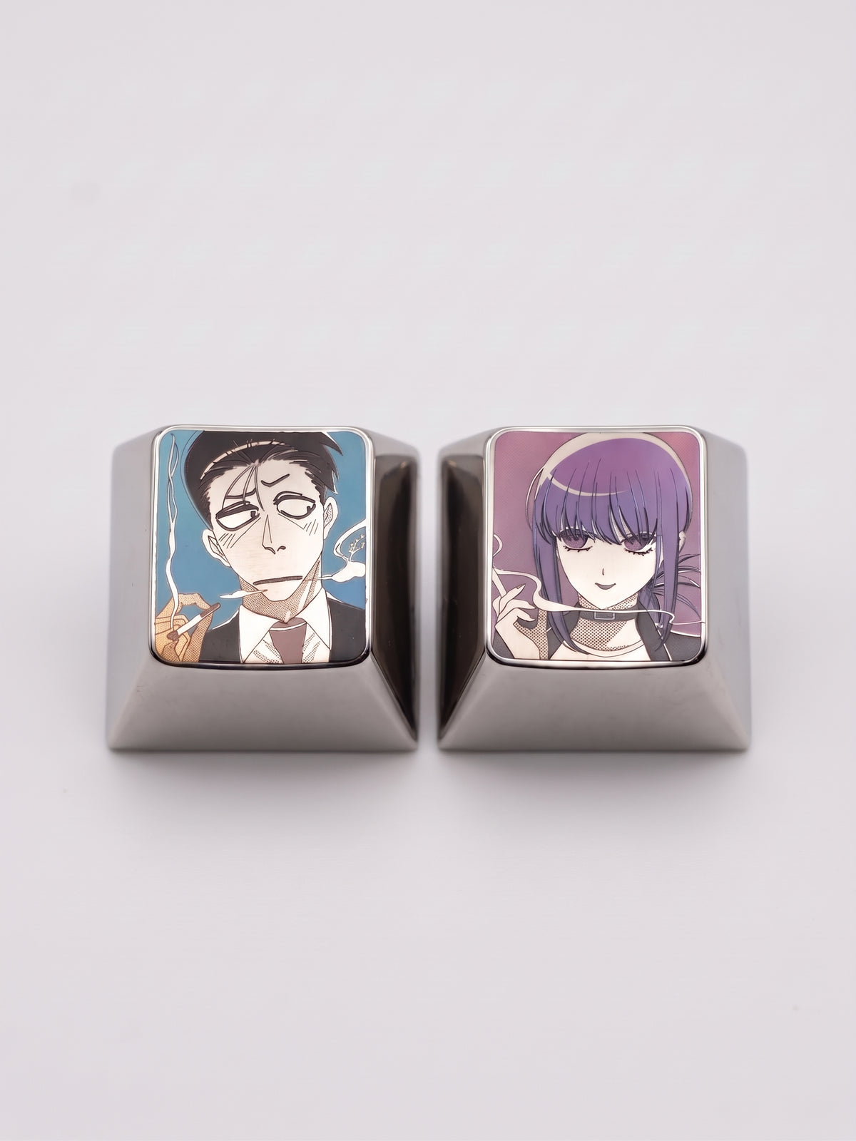 Two people smoking behind the supermarket 1U titanium alloy metal personalized keycaps, anime and game character peripheral products, decorative keycaps.
