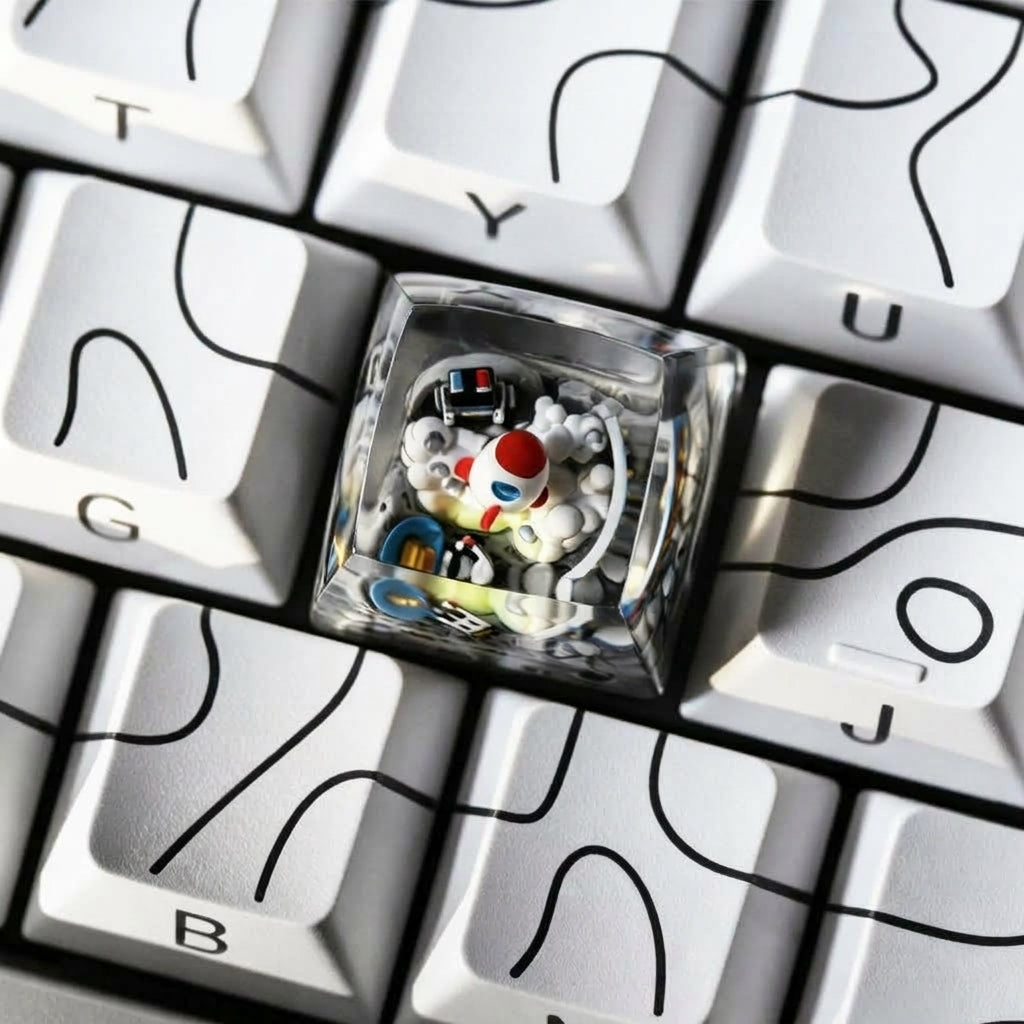 Flying into space, space themed design, Crystal drops of glue material artisankeycaps, craftsman decorated keycaps.