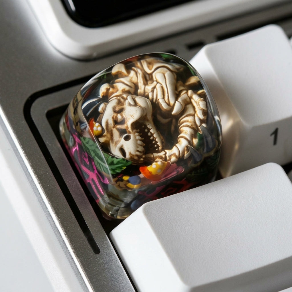 Micro landscape dinosaur fossil design, Tyrannosaurus rex，Crystal drops of glue material artisankeycaps, craftsman decorated keycaps.